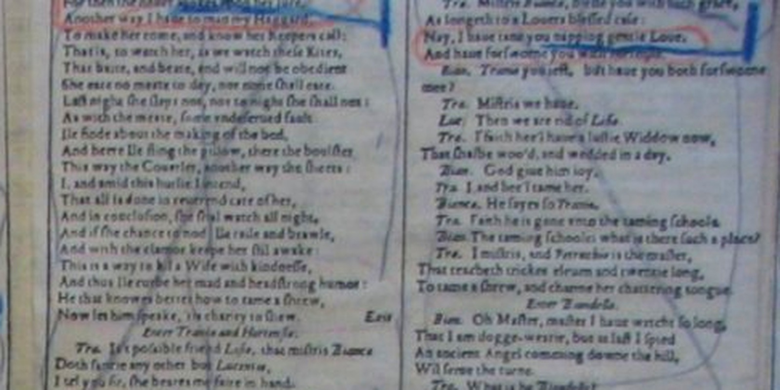 Folio pages pasted to canvas and marked in red, blue and pencil